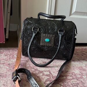 Black Tooled Leather Satchel with Turquoise Accent